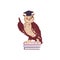 Wise owl sitting on pile of books flat vector illustration isolated on a white.