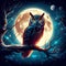 A wise owl sitting on a tree branch, infront of a full moon, night scene, glowing, wizard, realistic fantasy, digital art, animal
