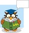 Wise Owl Teacher Cartoon Mascot Character Reading A ABC Book And Speech Bubble