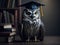 A wise owl wearing a graduation cap on background with books. ai generative