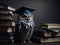 A wise owl wearing a graduation cap on black background with books. ai generative