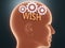 Wish inside human mind - pictured as word Wish inside a head with cogwheels to symbolize that Wish is what people may think about