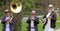 Wisley, Surrey, UK - April 30 2017: Trad Jazz trio in striped bo