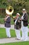 Wisley, Surrey, UK - April 30 2017: Trad Jazz trio in striped bo