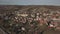 Wisniowa, Poland - 9 10 2018: Open school sports complex. Panorama of playing fields from a bird`s flight. Aerial photography from