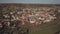 Wisniowa, Poland - 9 10 2018: Open school sports complex. Panorama of playing fields from a bird`s flight. Aerial photography from