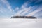 Wispy clouds over a cluster of trees and snow covered farm field