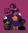 Witch African American with black cat. Halloween character. Skull and pot magic potion