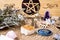 Witch Altar decorations - with pentacle, herbs and crystals, with natural crotchet jute altar cloth