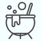 Witch boiler pot line icon. Smoking cauldron with a magic potion. Halloween vector design concept, outline style