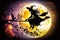 A witch on a broom flies against the backdrop of the moon on a full moon