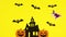 Witch on broom fly out from Halloween creepy house of horror and fly with bats above the house. Stop motion