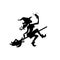 Witch on a broom makes a selfie, black silhouette. Heluin is a fun sticker.