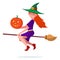 Witch on a broomstick with a Halloween pumpkin