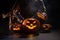 Witch casts a spell on a steaming pumpkin in the dark on Halloween