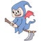 A witch cat is flying riding a magic broomstick, doodle icon image kawaii