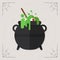 Witch cauldron with bubbling green liquid, bones and eye vector halloween illustration