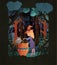 Witch with a cauldron in scary night forest. Fairy tale book cover or Halloween poster template