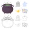 A witch cauldron, a tombstone, a ghost, a gin lamp.Black and white magic set collection icons in cartoon,outline style
