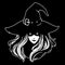 Witch in a classic hat, with flowing hair and a vicious grin