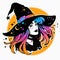 Witch with colorful hair and black classic hat