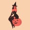 Witch. Cute ladies. Pin-up, retro style. Halloween costume concept.