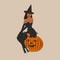 Witch. Cute ladies. Pin-up, retro style. Halloween costume concept.