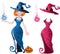 Witch with fireball in blue dress and pink batch