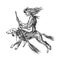 Witch flies with a broom and a dog. Ancient mythical Magic character. Engraved monochrome sketch. Hand drawn vintage old