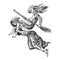 Witch flies with a broom and a monk. Ancient mythical Magic character. Engraved monochrome sketch. Hand drawn vintage