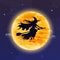 Witch Flying on Broomstick. Halloween background. Witch silhuette flying in front of the moon.
