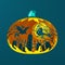 Witch flying in the halloween night infront of the moon in pumpkin silhouette. 3d illustration
