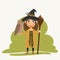 A witch girl in a black hat holds a broomstick and a large lazy owl in her hands