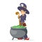 Witch girl with cauldron cartoon young character vector design illustration