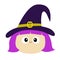 Witch girl face wearing curl hat. Happy Halloween. Cartoon funny spooky baby magic character. Cute head. Greeting card. Flat desig