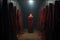 witch girl performs a ritual in the corridor in red clothes generative ai