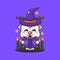 Witch goat reading spell book. Cute halloween cartoon illustration.