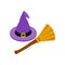 Witch hat and broom isometric 3d icon
