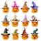 Witch hat decoration halloween jack o lantern pumpkin scary faces smile emoji icons set isolated cartoon design vector