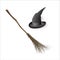 Witch hat and magic broom. Halloween stickers. Set of vector illustrations for all saints ' day. Mystical witchcraft