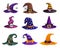 Witch hats vector icons, cartoon wizard headwear