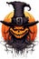 Witch, Haunted House, Pumpkins, Bats. Halloween Holiday Design. Scary pumpkin head. Generative Ai