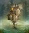 Witch house in a green foggy forest