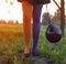 Witch legs in multicolored tights with black balloon at sunset