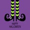 Witch legs with striped socks and shoes. Happy Halloween. Greeting card. Flat design. Violet baby background