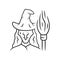 Witch linear icon. Thin line illustration. Wicked sorceress, hag with broomstick. Halloween costume. Evil old woman in