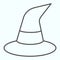 Witch magic hat thin line icon. Wizard black coniform cap. Halloween vector design concept, outline style pictogram on