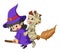 The witch and mummy are flying together with the magic broom