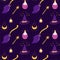 Witch pattern Magic witchcraft seamless pattern. Halloween background in broom, potion bottle, hat, magic wand, moon