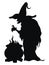 Witch preparing a magic potion. Black silhouette of a witch near a cauldron. Vector illustration of a mystical creature